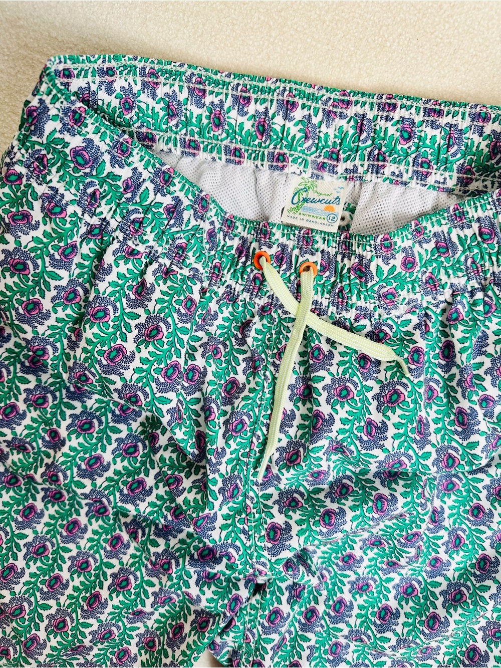 J Crew Crewcuts Boys Mesh-Lined Floral Print Swim Trunks in Green & Purple